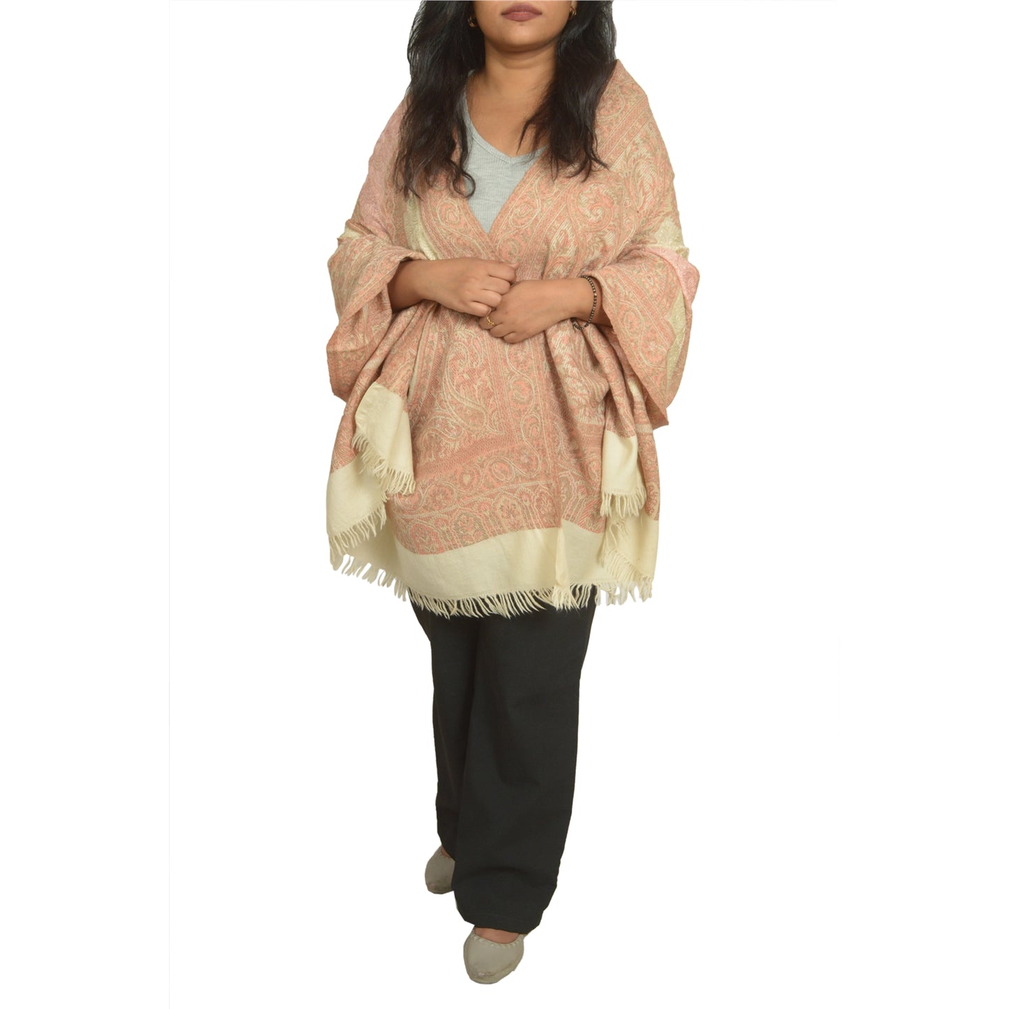 Sanskriti Vintage Long Ivory Pure Woolen Shawl Handmade Ari Work Scarf Stole