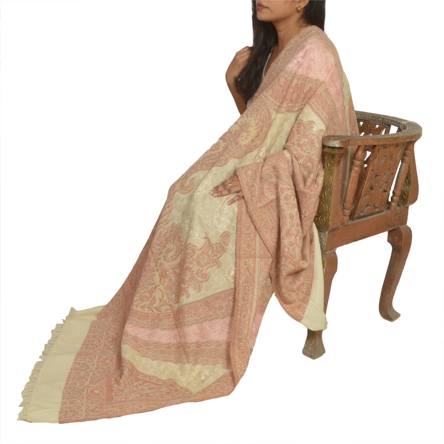 Sanskriti Vintage Long Ivory Pure Woolen Shawl Handmade Ari Work Scarf Stole