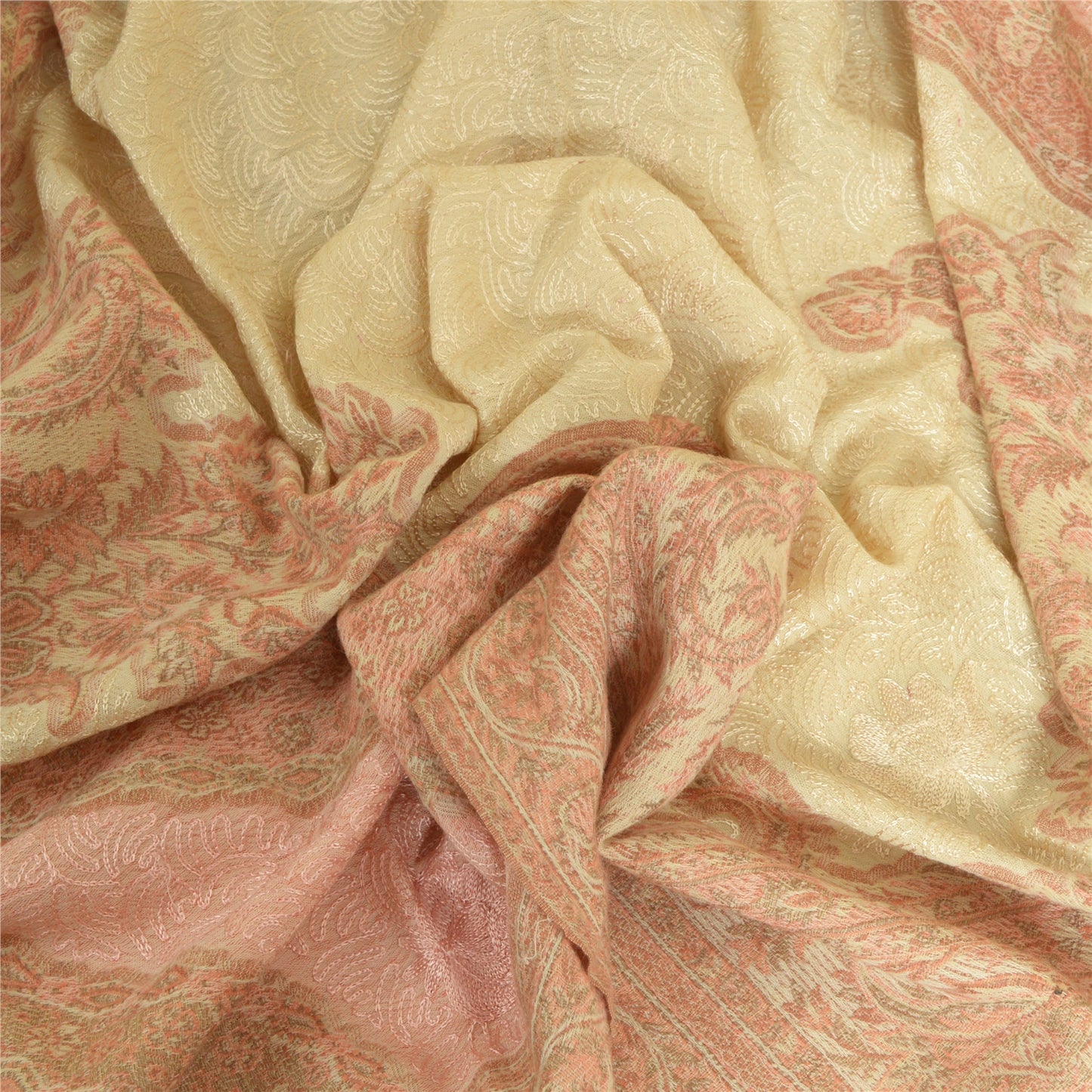 Sanskriti Vintage Long Ivory Pure Woolen Shawl Handmade Ari Work Scarf Stole