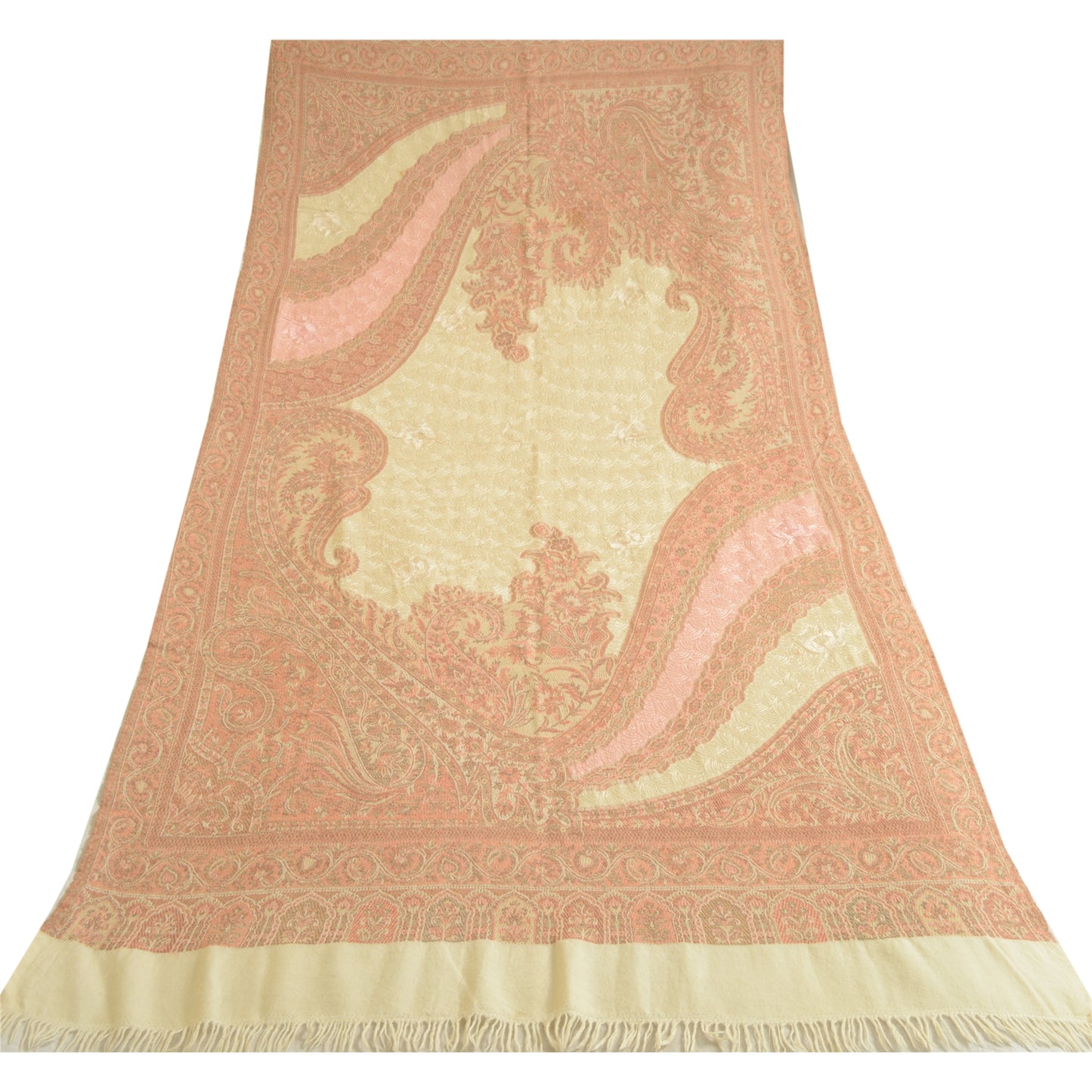 Sanskriti Vintage Long Ivory Pure Woolen Shawl Handmade Ari Work Scarf Stole