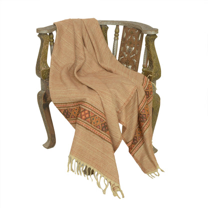 Sanskriti Vintage Long Cream Pure Woolen Shawl Woven Scarf Throw Soft Stole