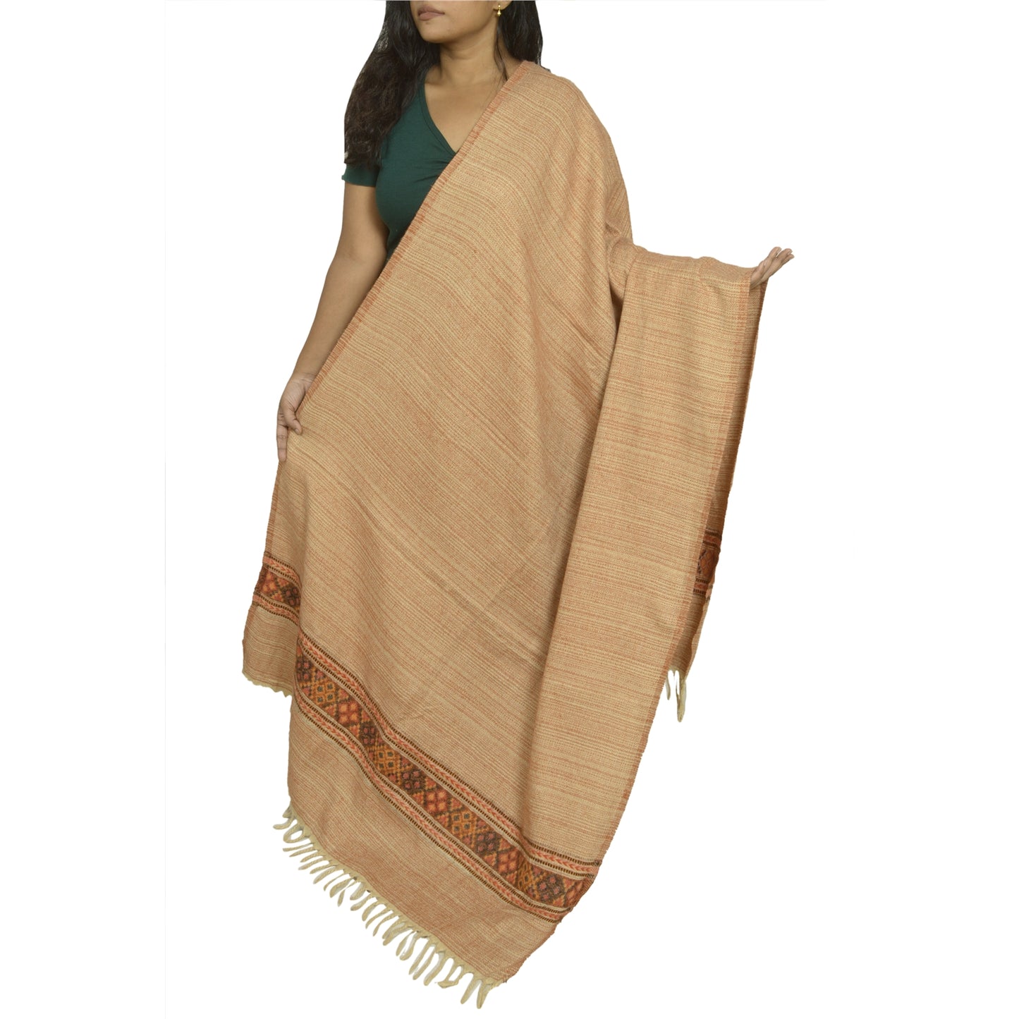 Sanskriti Vintage Long Cream Pure Woolen Shawl Woven Scarf Throw Soft Stole