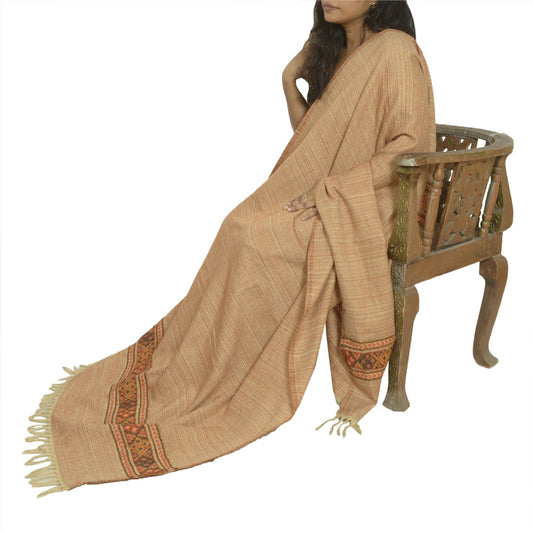Sanskriti Vintage Long Cream Pure Woolen Shawl Woven Scarf Throw Soft Stole