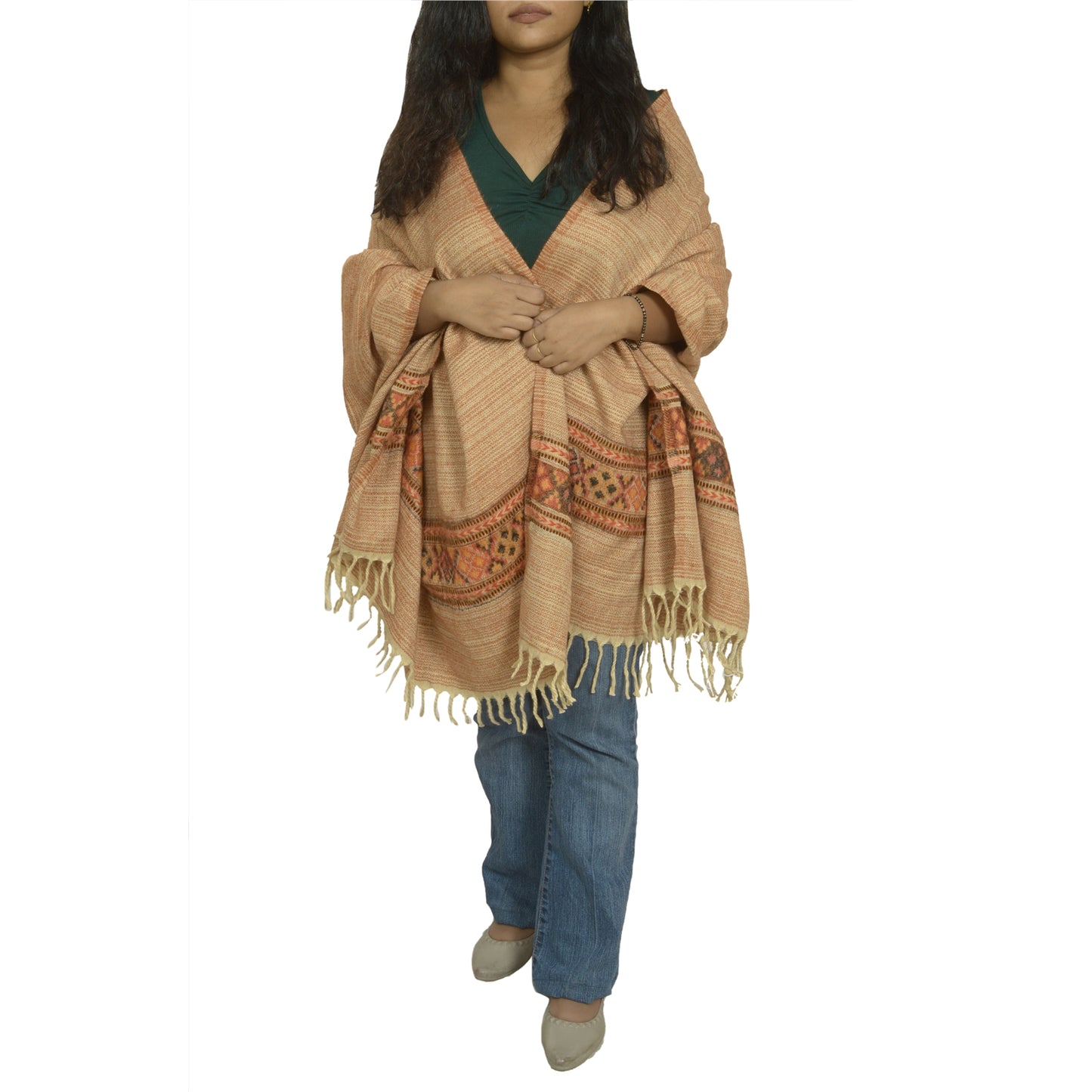 Sanskriti Vintage Long Cream Pure Woolen Shawl Woven Scarf Throw Soft Stole