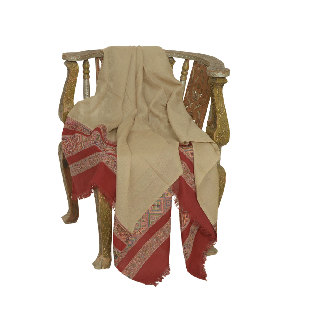 Sanskriti Vintage Long Ivory/Red Woolen Shawl Pure Woven Scarf Throw Soft Stole