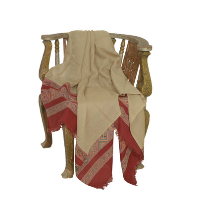 Sanskriti Vintage Long Ivory/Red Woolen Shawl Pure Woven Scarf Throw Soft Stole