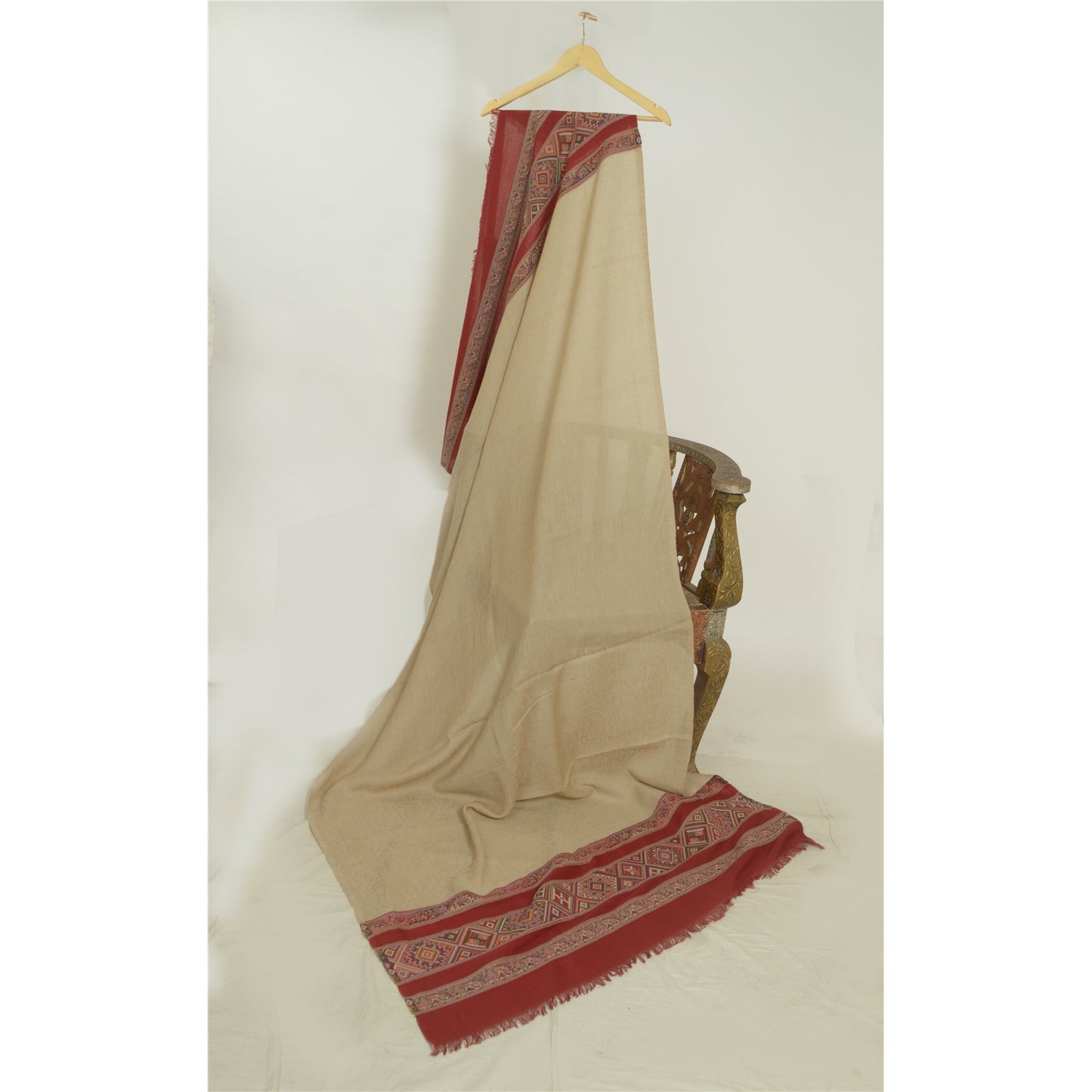 Sanskriti Vintage Long Ivory/Red Woolen Shawl Pure Woven Scarf Throw Soft Stole