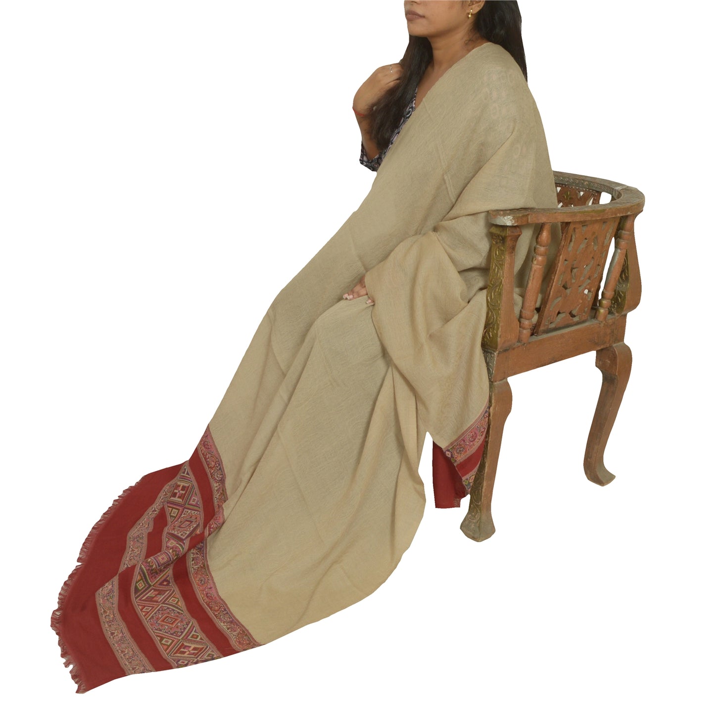 Sanskriti Vintage Long Ivory/Red Woolen Shawl Pure Woven Scarf Throw Soft Stole