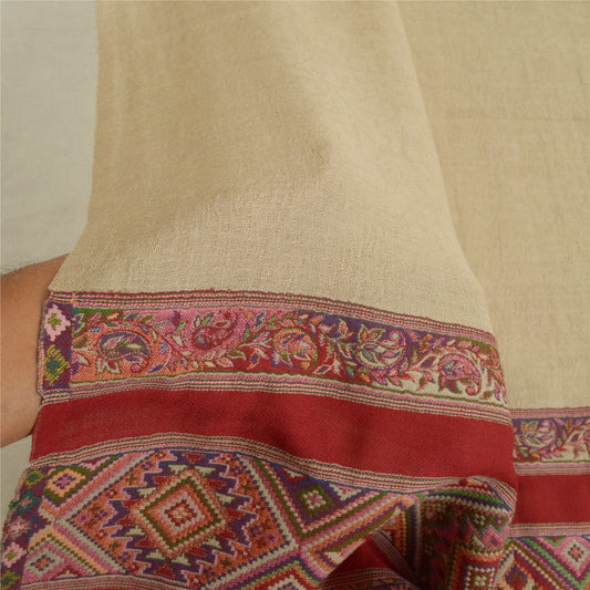 Sanskriti Vintage Long Ivory/Red Woolen Kullu Shawl Pure Woven Scarf Throw Soft Stole