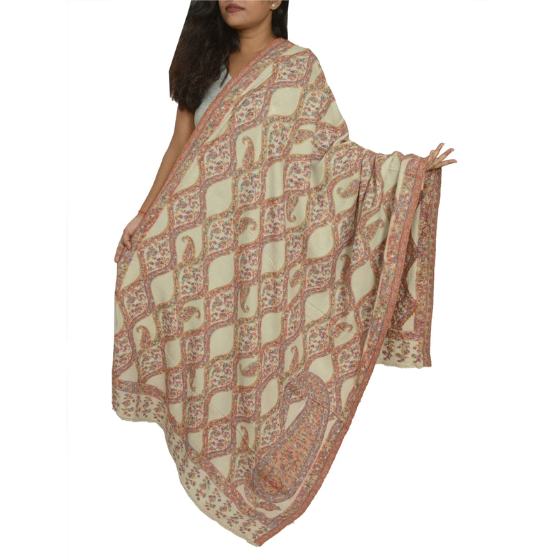 Sanskriti Vintage Long Ivory Pure Woolen Shawl Woven Scarf Throw Soft Stole