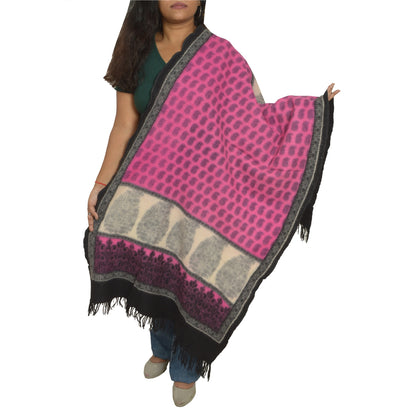 Sanskriti Vintage Long Ivory/Pink Shawl Pure Woven Scarf Throw Floral Stole