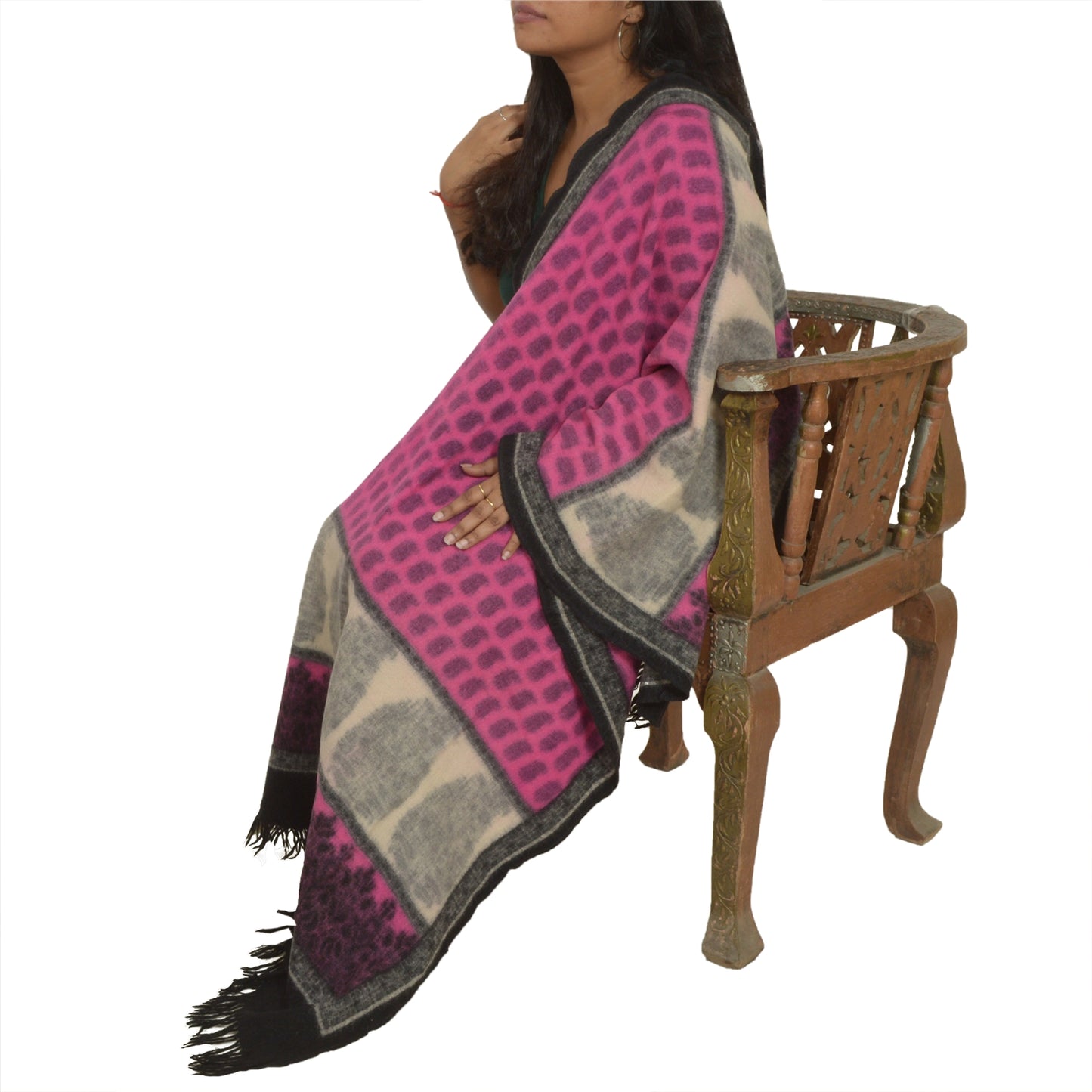 Sanskriti Vintage Long Ivory/Pink Shawl Pure Woven Scarf Throw Floral Stole