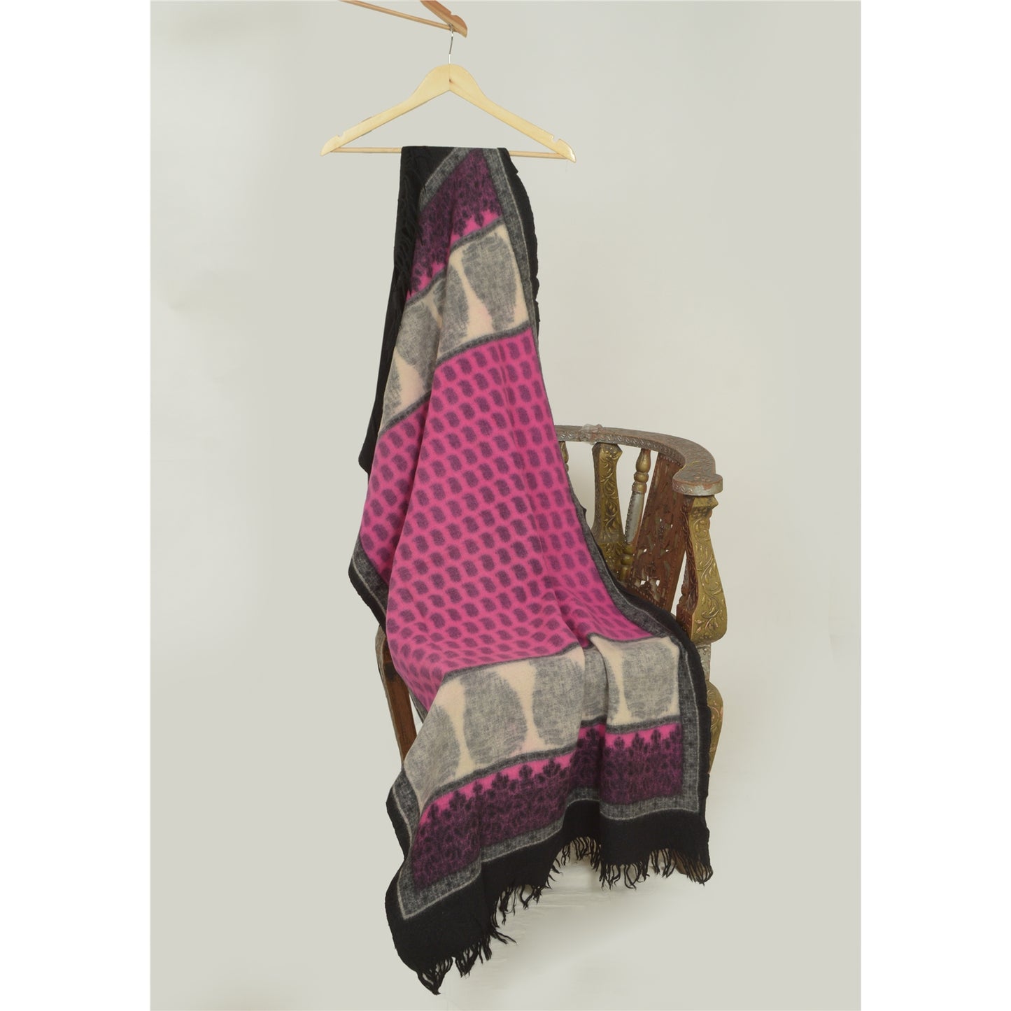 Sanskriti Vintage Long Ivory/Pink Shawl Pure Woven Scarf Throw Floral Stole