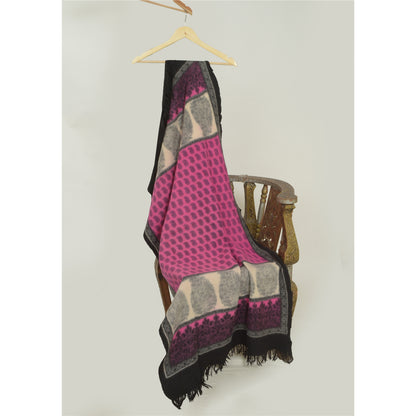 Sanskriti Vintage Long Ivory/Pink Shawl Pure Woven Scarf Throw Floral Stole