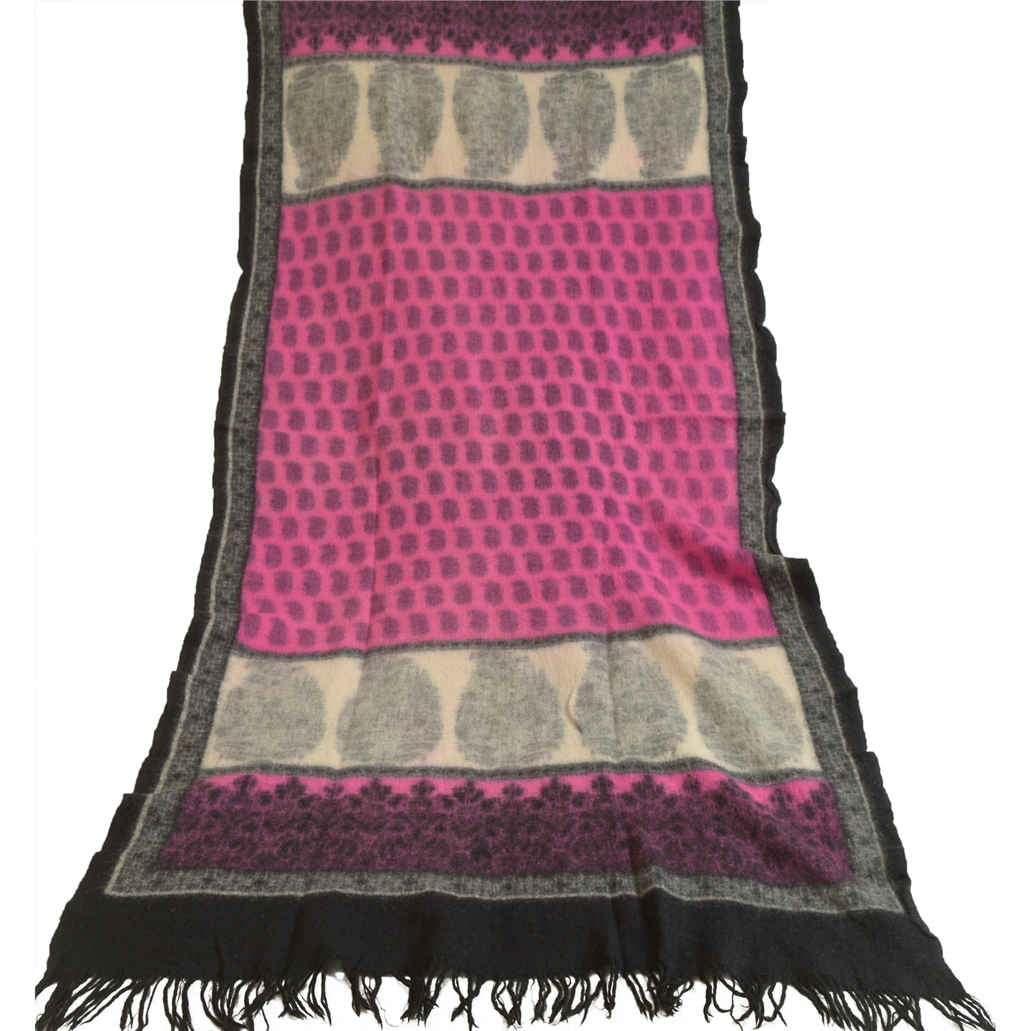 Sanskriti Vintage Long Ivory/Pink Shawl Pure Woven Scarf Throw Floral Stole