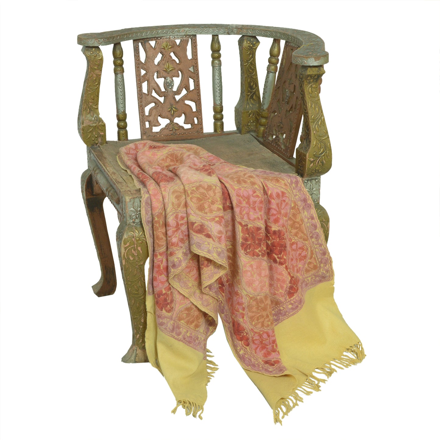 Sanskriti Vintage Long Ivory Pure Woolen Shawl Handmade Ari Work Scarf Stole