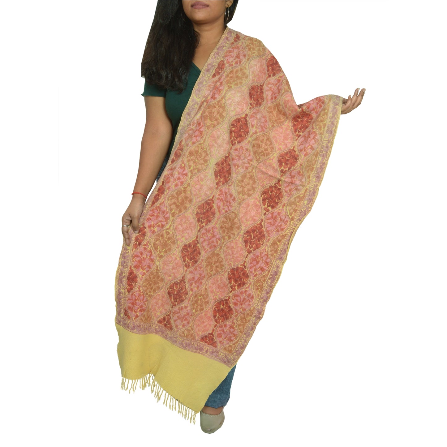 Sanskriti Vintage Long Ivory Pure Woolen Shawl Handmade Ari Work Scarf Stole