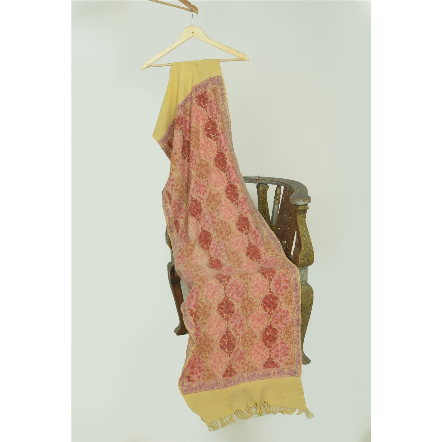 Sanskriti Vintage Long Ivory Pure Woolen Shawl Handmade Ari Work Scarf Stole