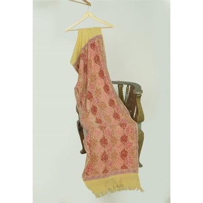 Sanskriti Vintage Long Ivory Pure Woolen Shawl Handmade Ari Work Scarf Stole