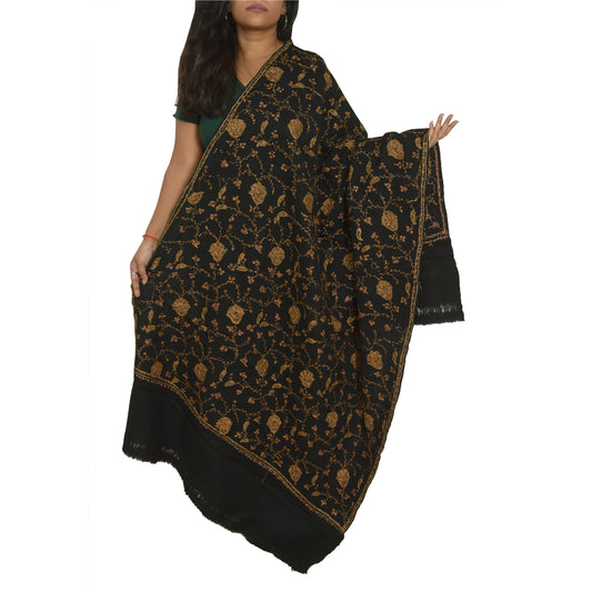 Sanskriti Vintage Long Black Pure Woolen Shawl Handmade Suzani Scarf Stole