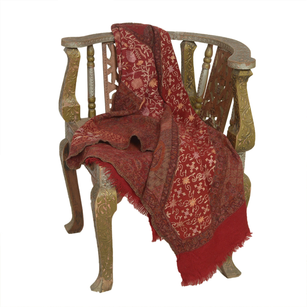 Sanskriti Vintage Long Dark Red Pure Woolen Shawl Handmade Ari Work Scarf Stole