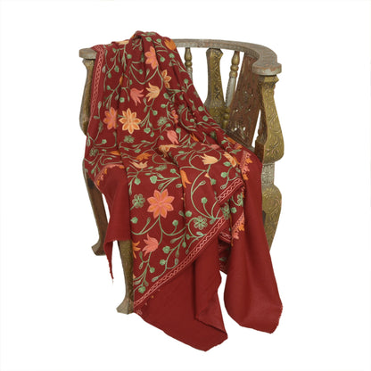 Sanskriti Vintage Long Dark Red Woolen Shawl Handmade Ari Work Scarf Stole