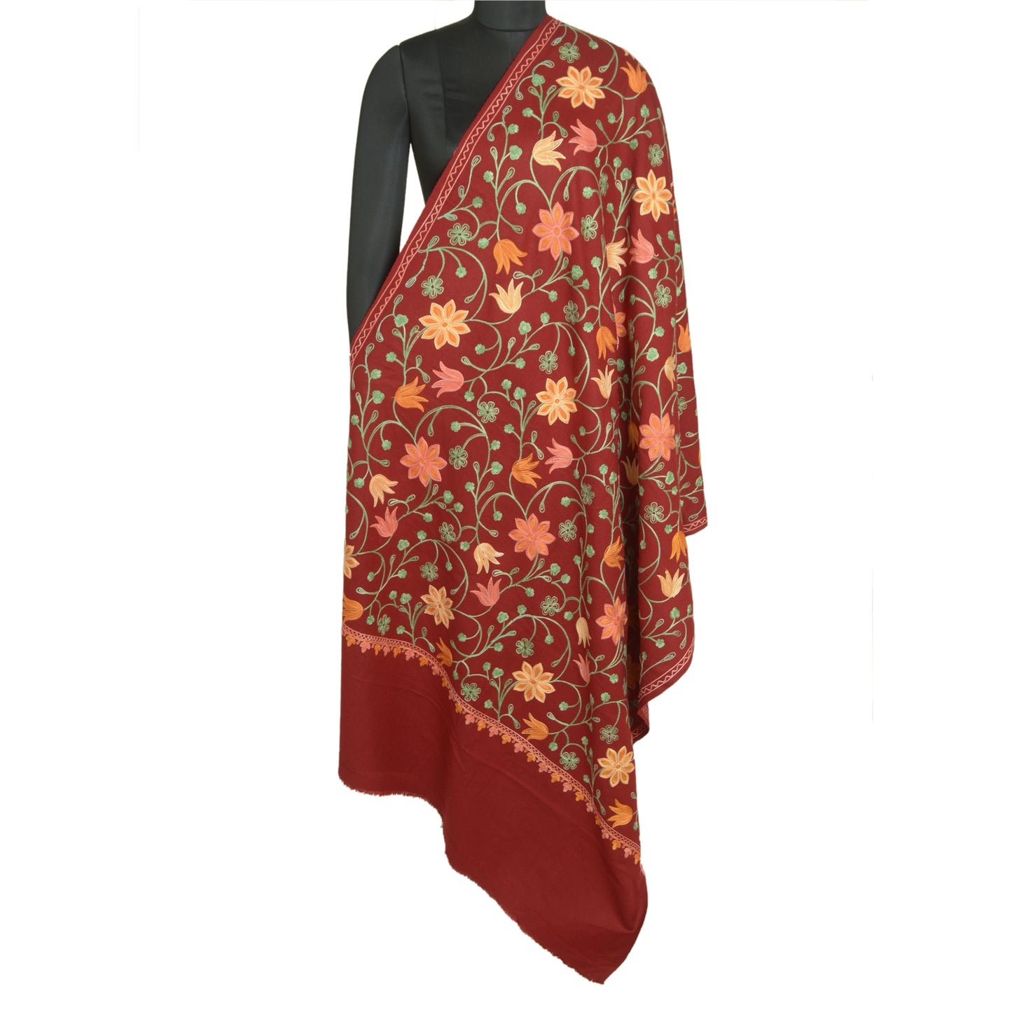 Sanskriti Vintage Long Dark Red Woolen Shawl Handmade Ari Work Scarf Stole