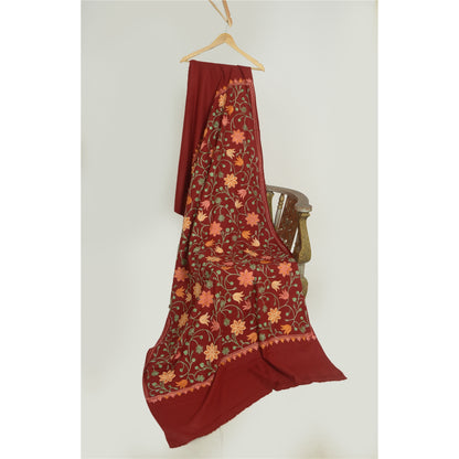 Sanskriti Vintage Long Dark Red Woolen Shawl Handmade Ari Work Scarf Stole