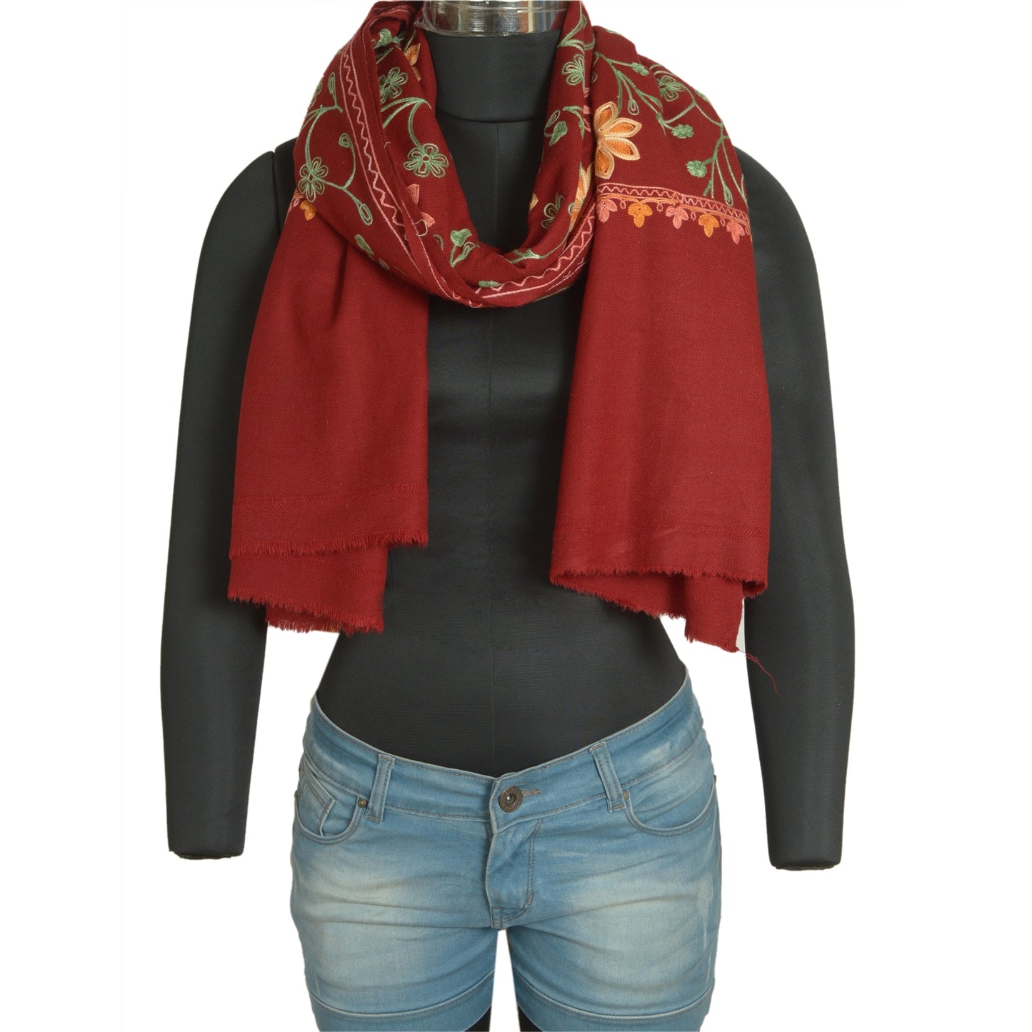 Sanskriti Vintage Long Dark Red Woolen Shawl Handmade Ari Work Scarf Stole