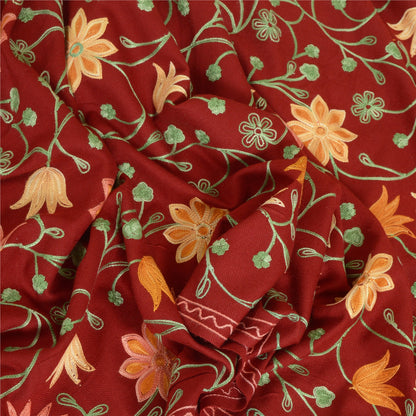 Sanskriti Vintage Long Dark Red Woolen Shawl Handmade Ari Work Scarf Stole