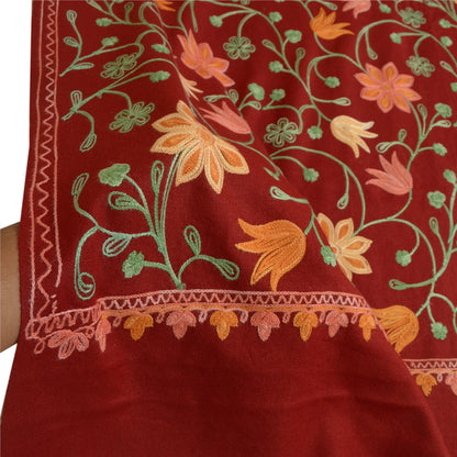 Sanskriti Vintage Long Dark Red Woolen Shawl Handmade Ari Work Scarf Stole
