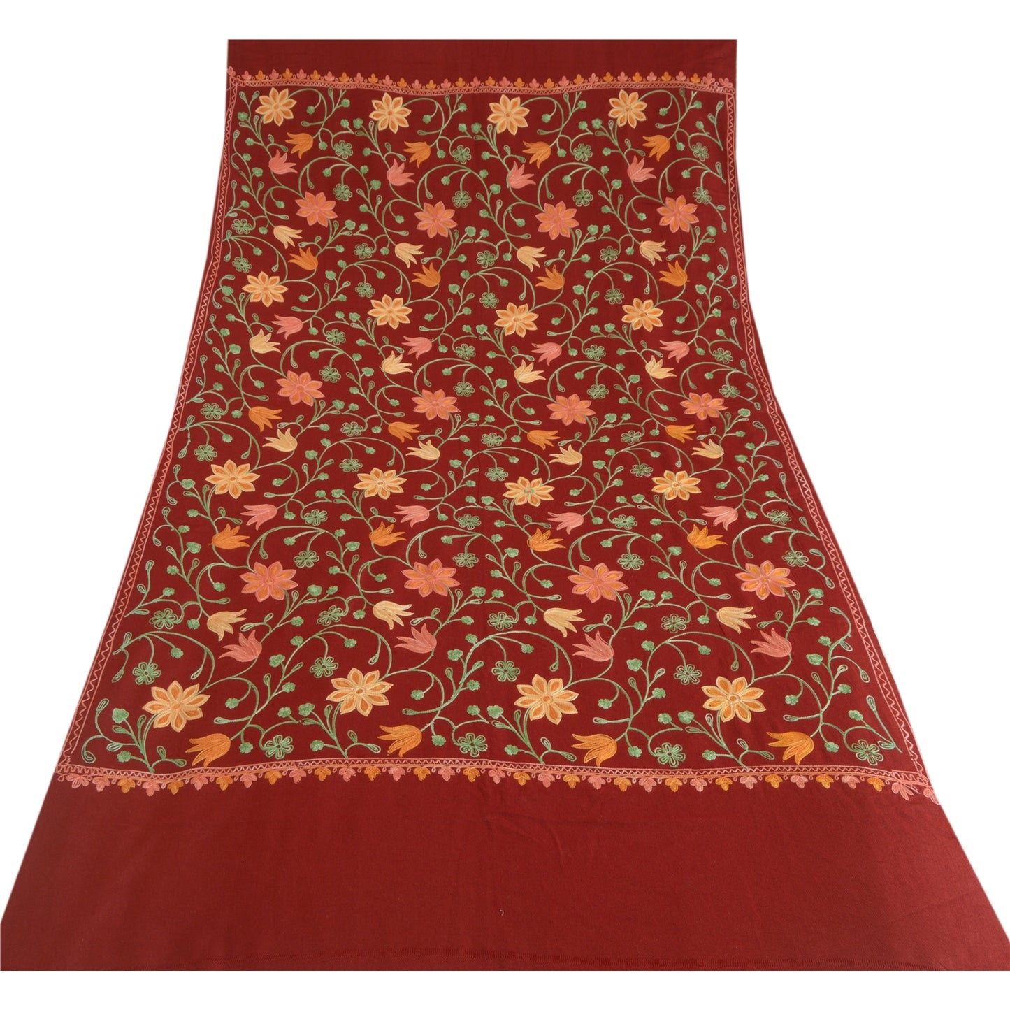 Sanskriti Vintage Long Dark Red Woolen Shawl Handmade Ari Work Scarf Stole