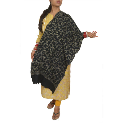 Sanskriti Vintage Long Black Pure Woolen Shawl Handmade Suzani Scarf Stole