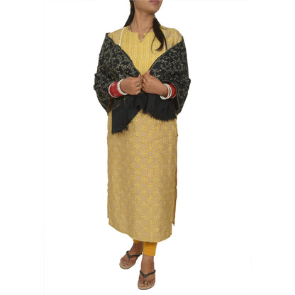 Sanskriti Vintage Long Black Pure Woolen Shawl Handmade Suzani Scarf Stole