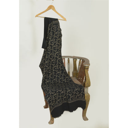 Sanskriti Vintage Long Black Pure Woolen Shawl Handmade Suzani Scarf Stole