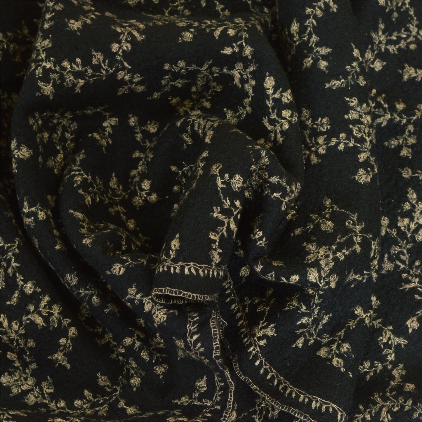 Sanskriti Vintage Long Black Pure Woolen Shawl Handmade Suzani Scarf Stole