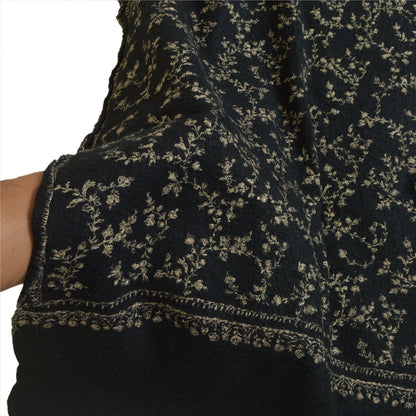 Sanskriti Vintage Long Black Pure Woolen Shawl Handmade Suzani Scarf Stole