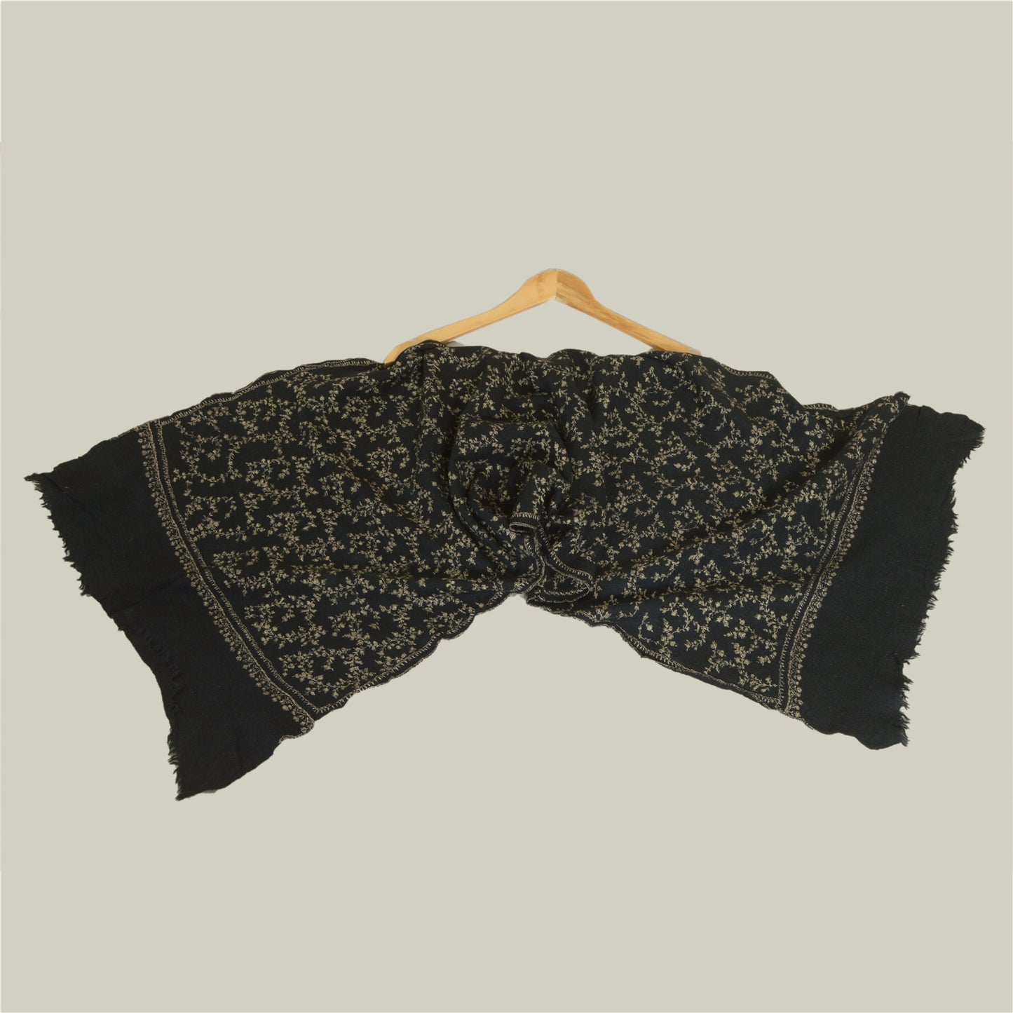 Sanskriti Vintage Long Black Pure Woolen Shawl Handmade Suzani Scarf Stole