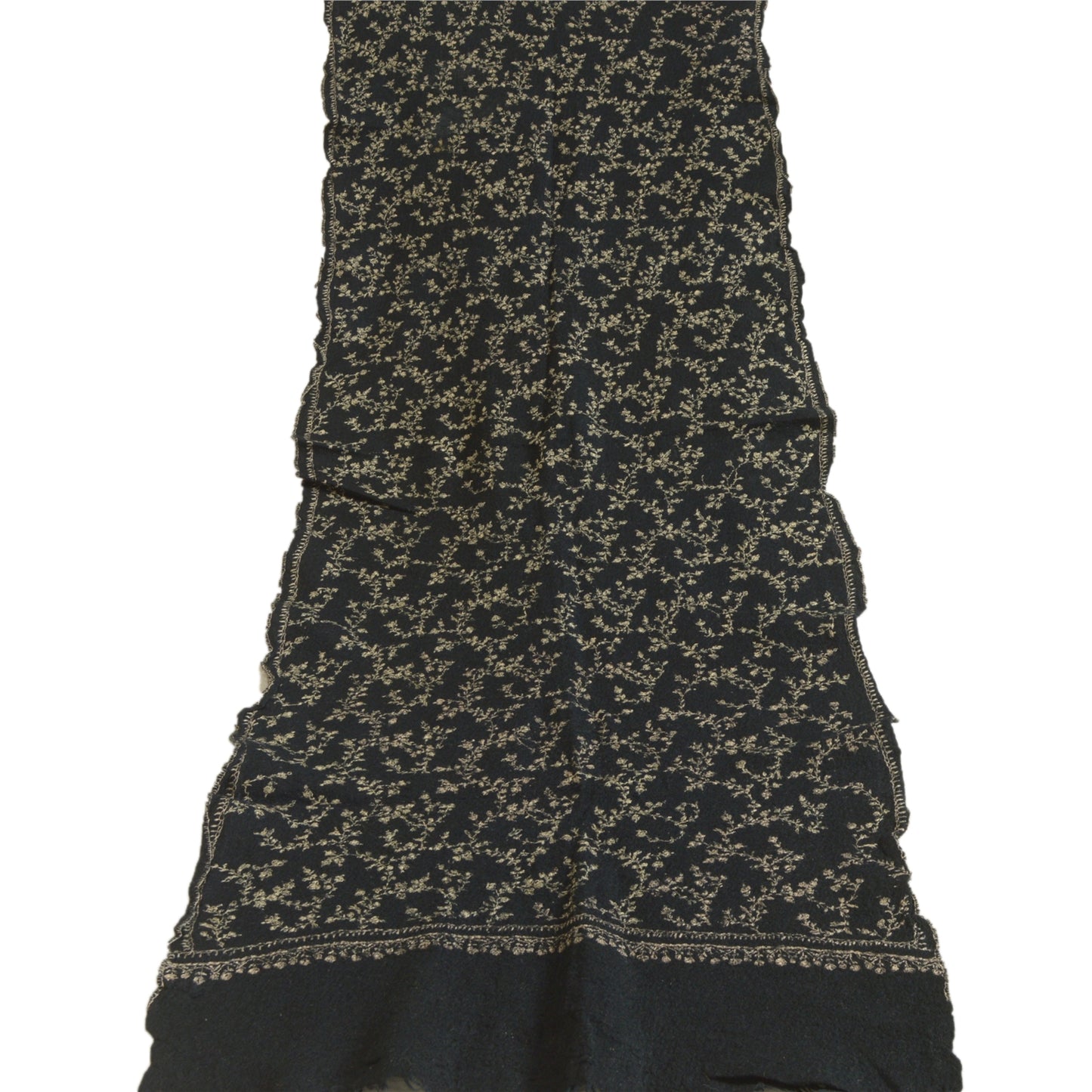 Sanskriti Vintage Long Black Pure Woolen Shawl Handmade Suzani Scarf Stole