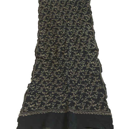 Sanskriti Vintage Long Black Pure Woolen Shawl Handmade Suzani Scarf Stole