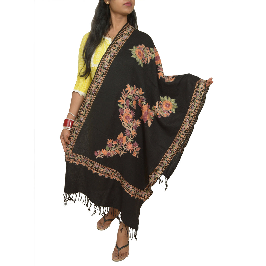 Sanskriti Vintage Long Black Pure Woolen Shawl Handmade Ari Work Scarf Stole