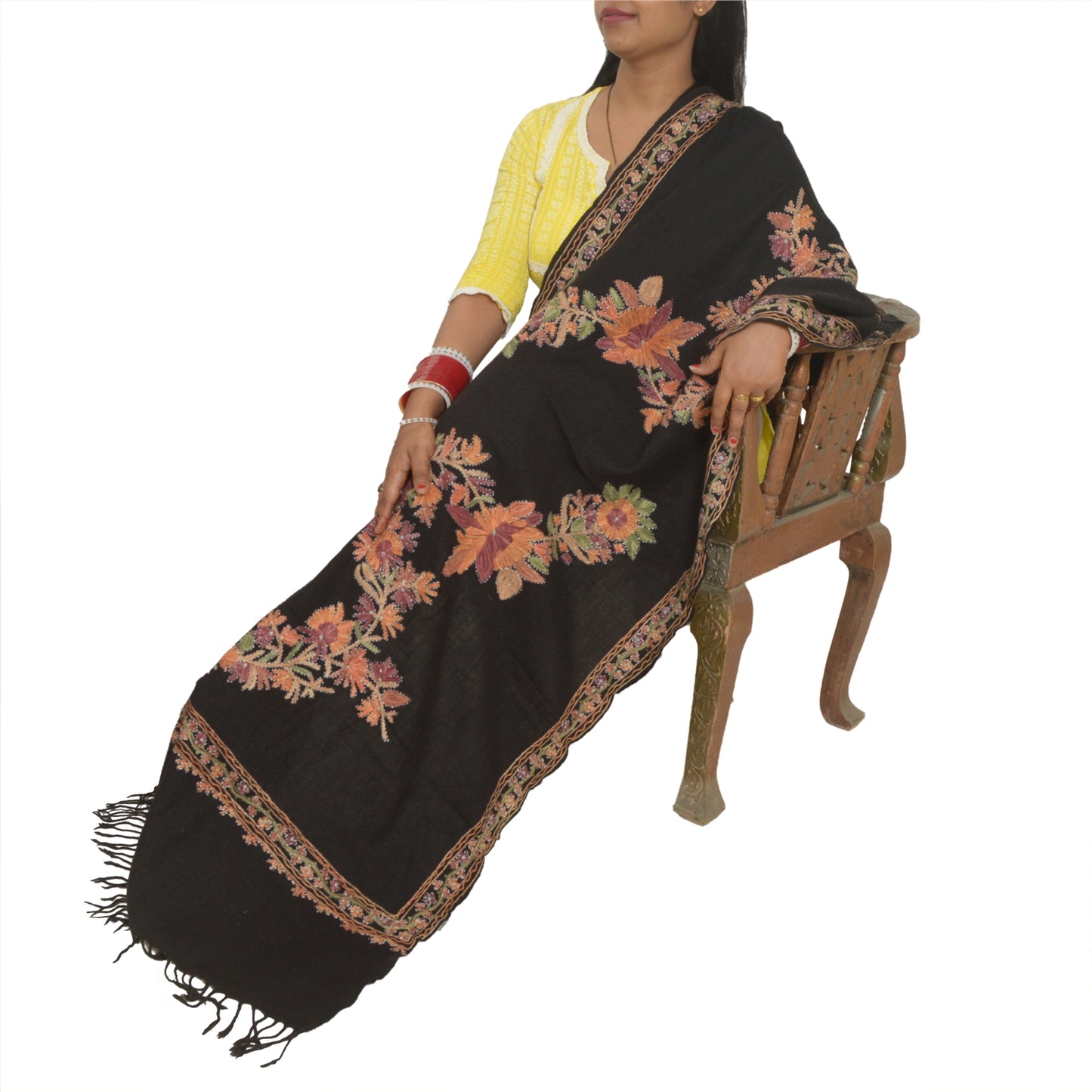 Sanskriti Vintage Long Black Pure Woolen Shawl Handmade Ari Work Scarf Stole