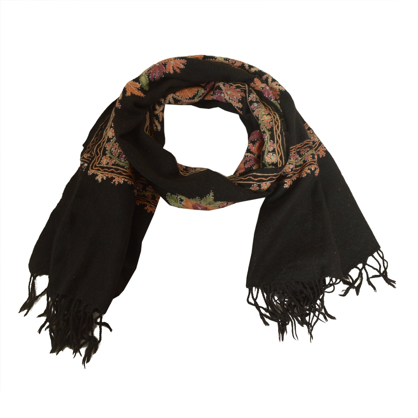 Sanskriti Vintage Long Black Pure Woolen Shawl Handmade Ari Work Scarf Stole