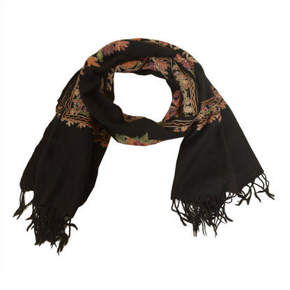 Sanskriti Vintage Long Black Pure Woolen Shawl Handmade Ari Work Scarf Stole