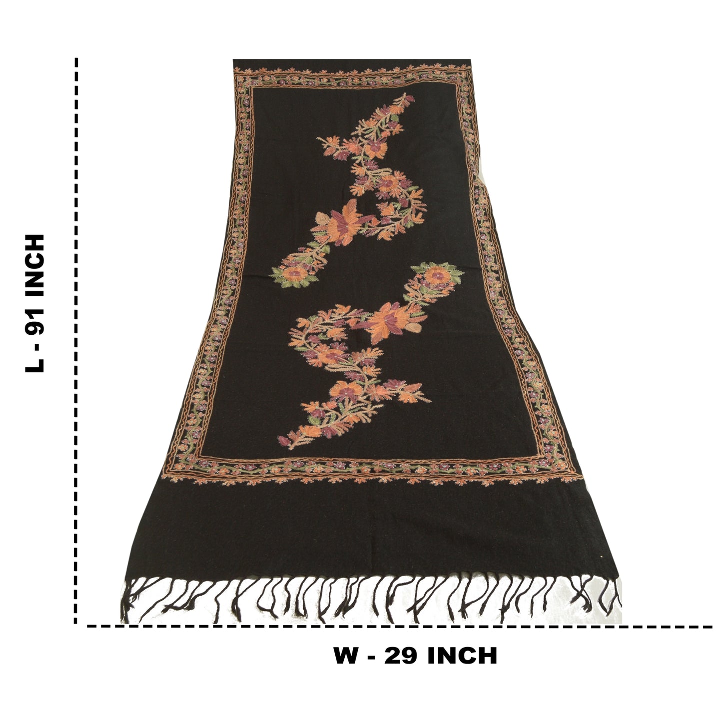 Sanskriti Vintage Long Black Pure Woolen Shawl Handmade Ari Work Scarf Stole