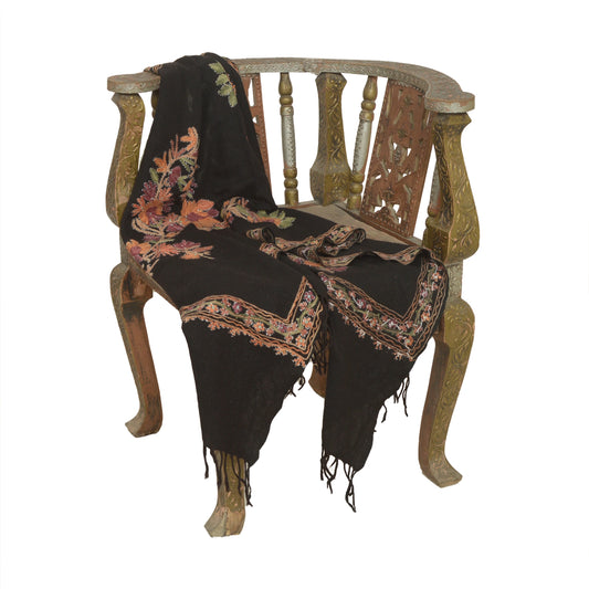 Sanskriti Vintage Long Black Pure Woolen Shawl Handmade Ari Work Scarf Stole