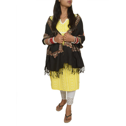 Sanskriti Vintage Long Black Pure Woolen Shawl Handmade Ari Work Scarf Stole