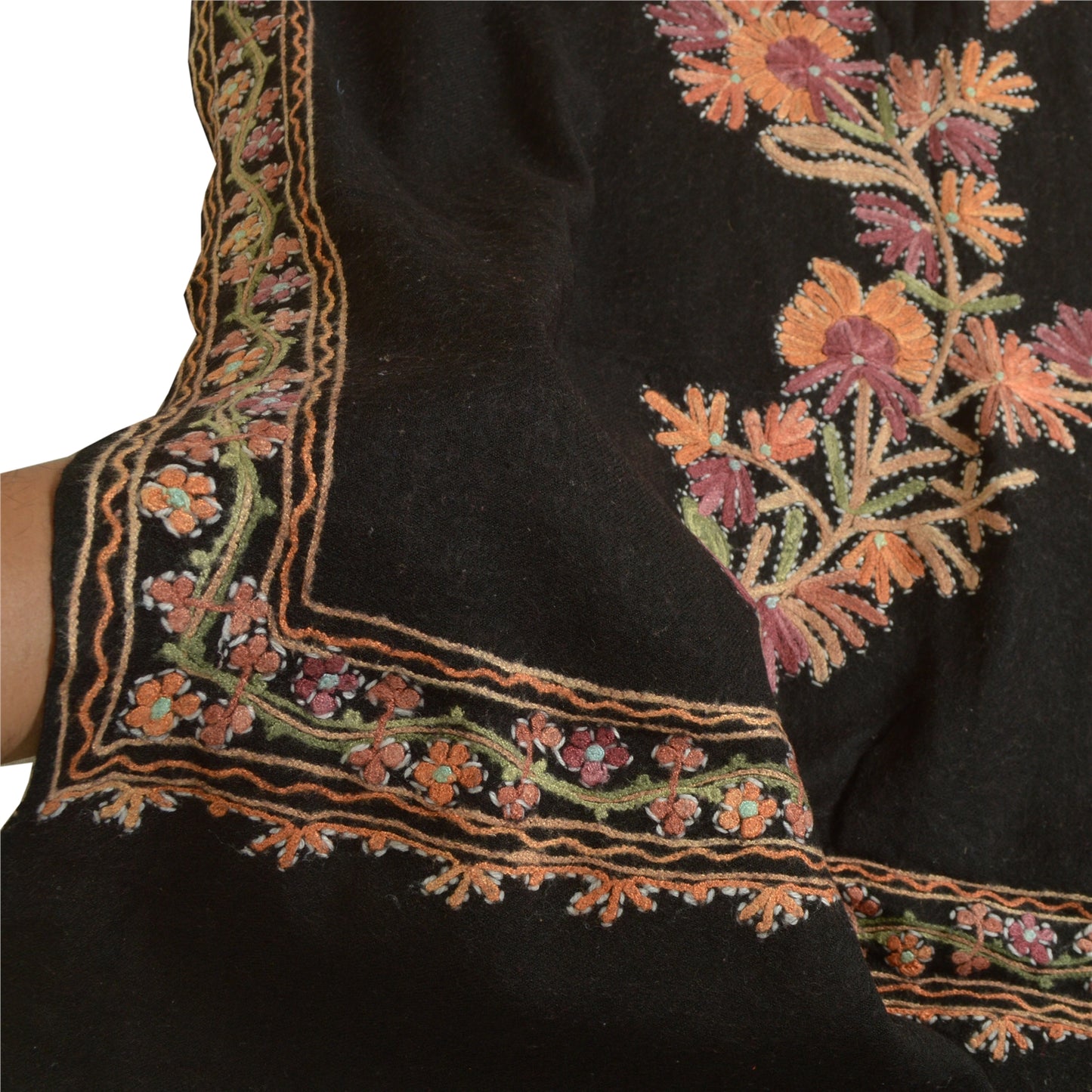 Sanskriti Vintage Long Black Pure Woolen Shawl Handmade Ari Work Scarf Stole