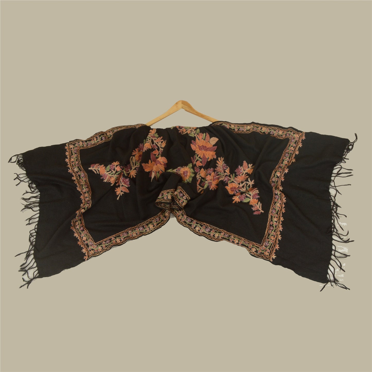 Sanskriti Vintage Long Black Pure Woolen Shawl Handmade Ari Work Scarf Stole