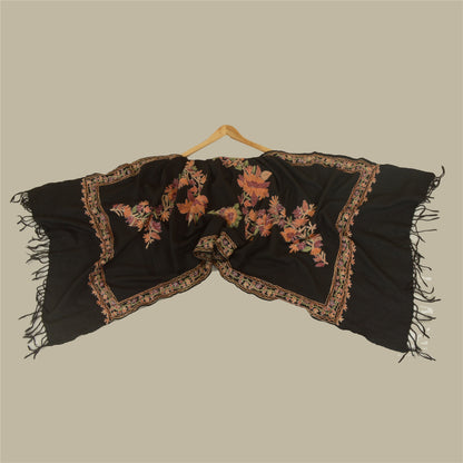 Sanskriti Vintage Long Black Pure Woolen Shawl Handmade Ari Work Scarf Stole